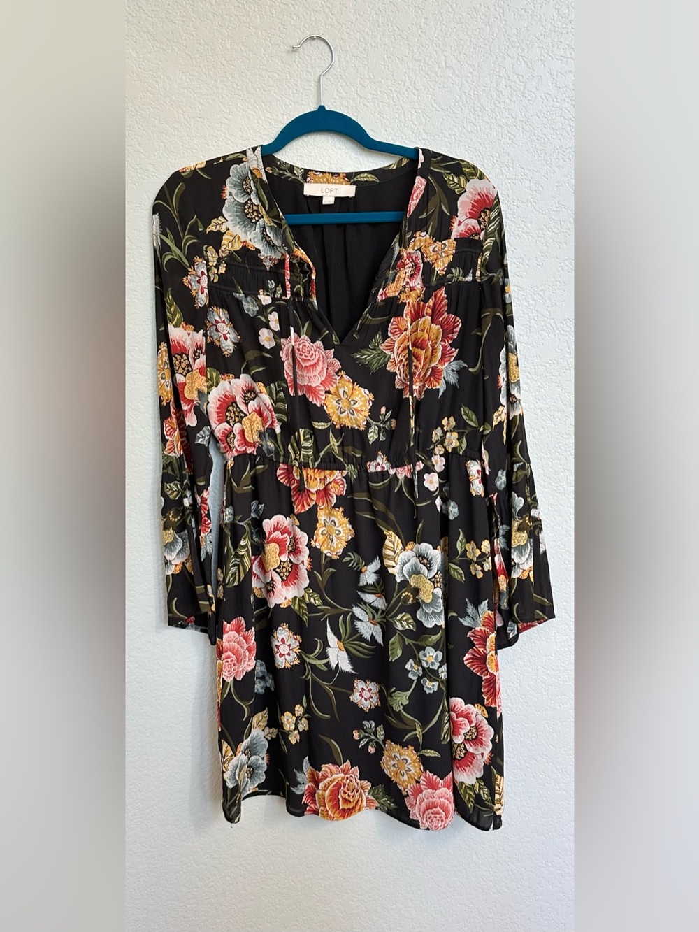 LOFT Black Multicolor Floral Long Sleeve Mini Dress Size M